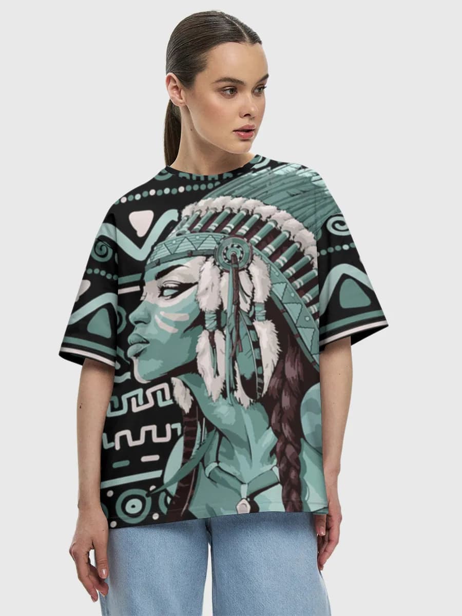 Warbonnet Profile Illustration — Women's oversized cotton T-shirt with all-over print, Illustration theme