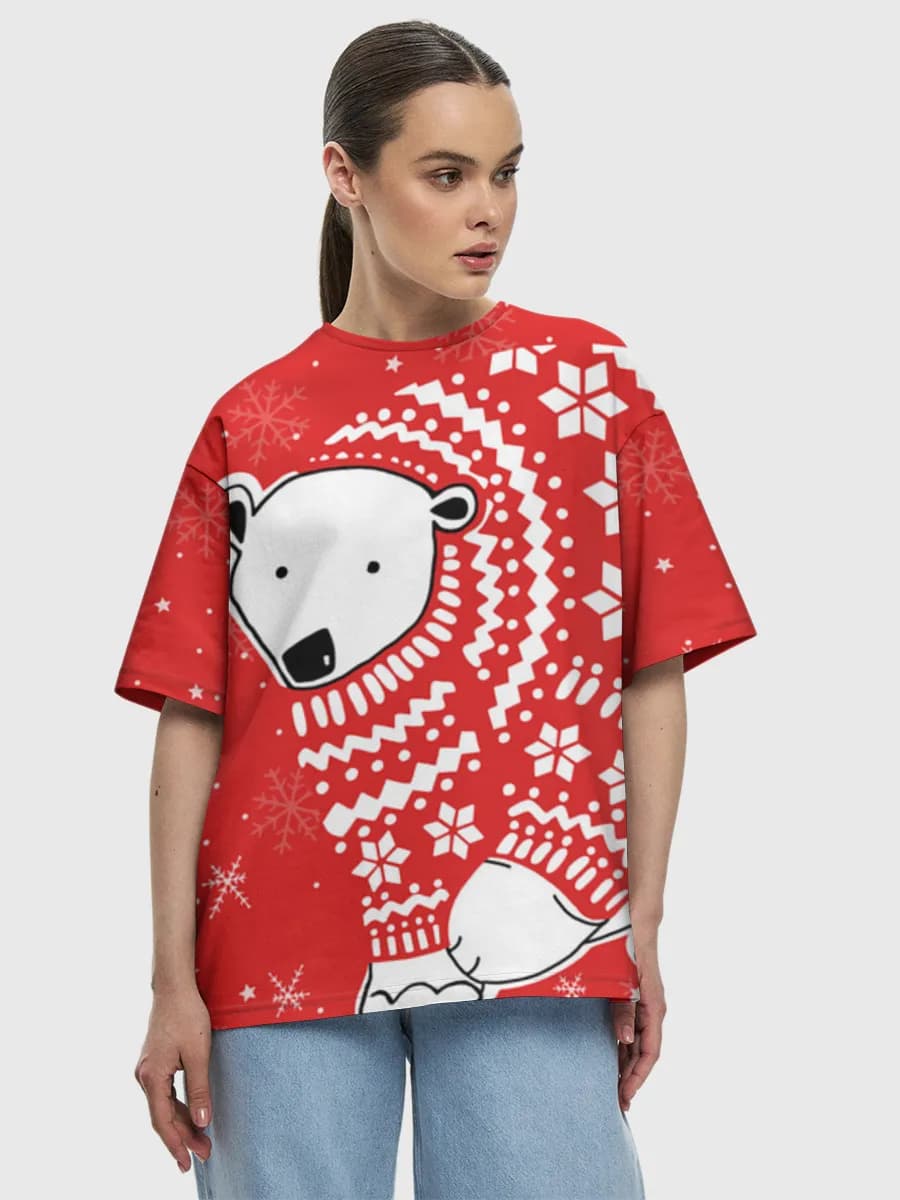 Polar Bear Christmas Sweater — Women's oversized cotton T-shirt with all-over print, Holidays theme