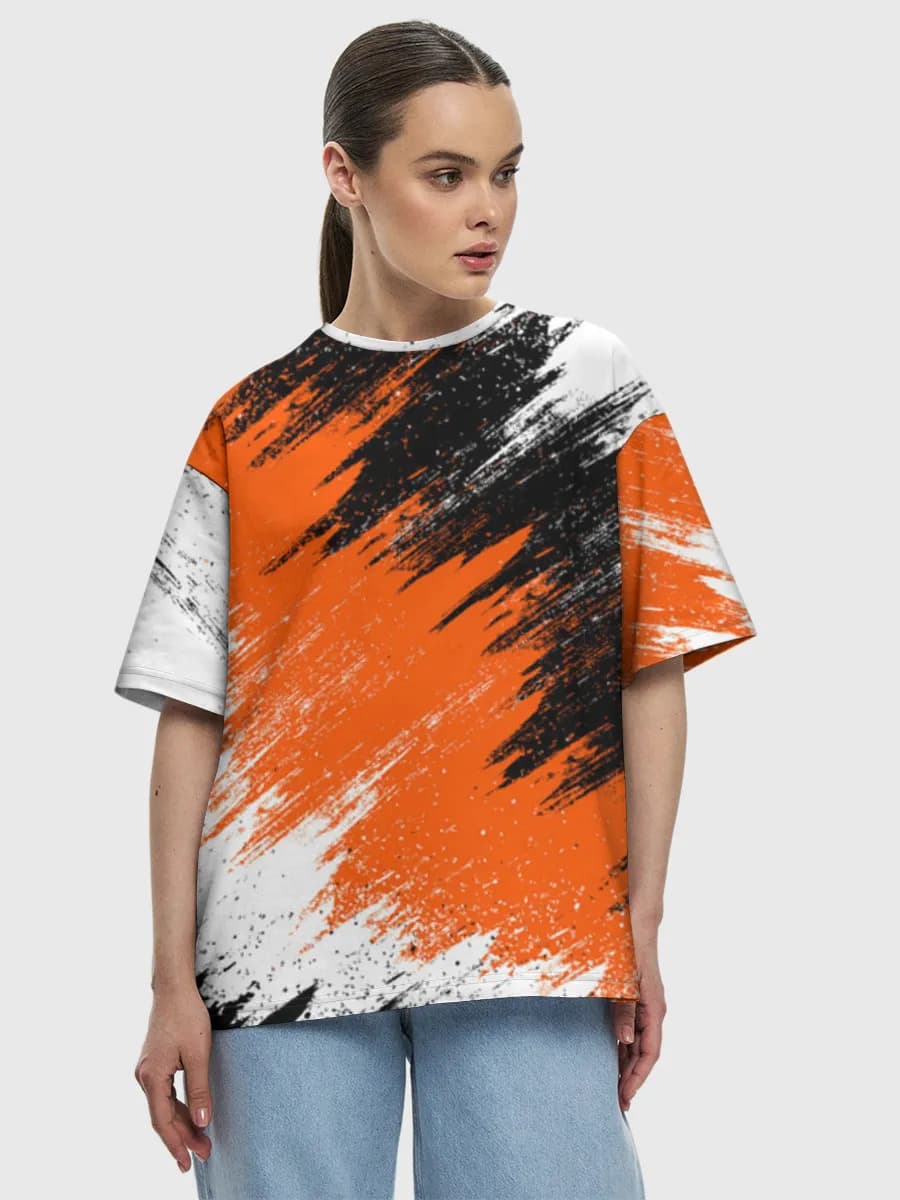 Orange Black Brushstroke Abstract — Women's oversized cotton T-shirt with all-over print, Abstract theme