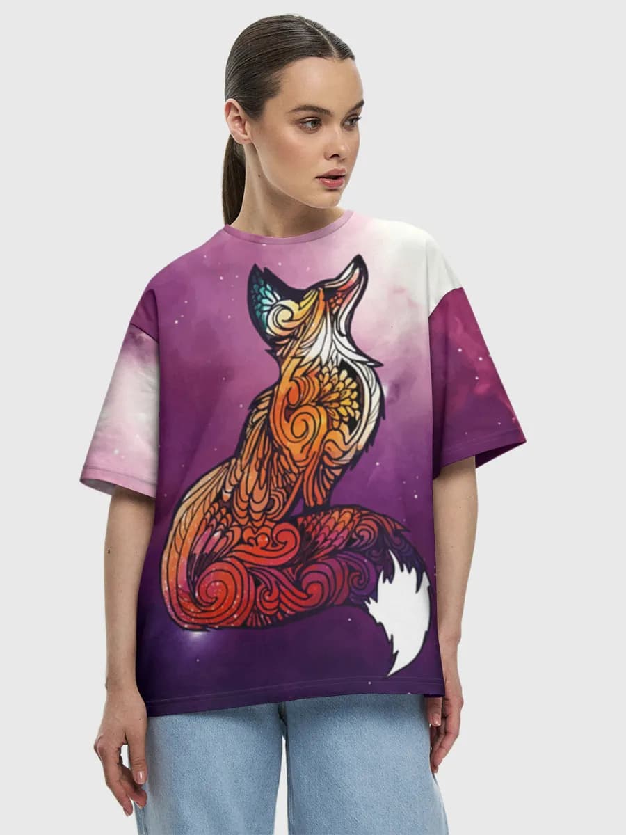Cosmic Howling Fox — Women's oversized cotton T-shirt with all-over print, Fox theme