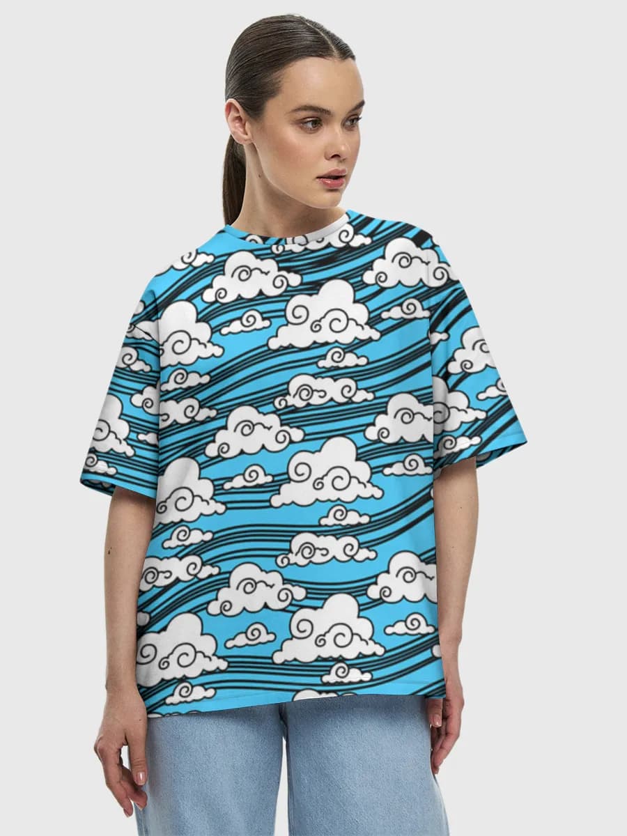 Whimsical Cloud Waves — Women's oversized cotton T-shirt with all-over print, Clouds theme