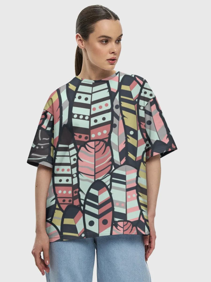 Boho Geometric Feathers — Women's oversized cotton T-shirt with all-over print, Feathers theme