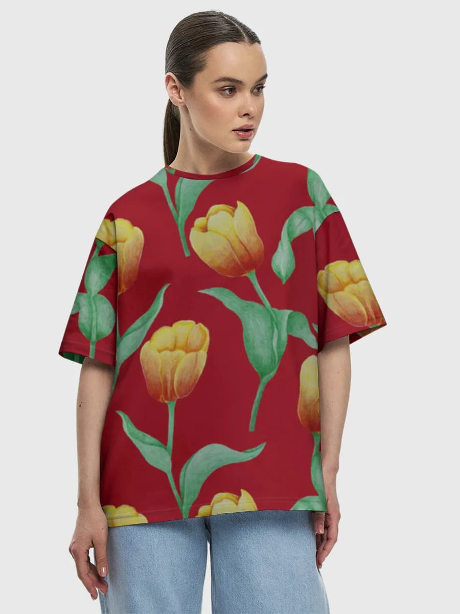 Watercolor Tulips On Red — Women's oversized cotton T-shirt with all-over print, Floral theme