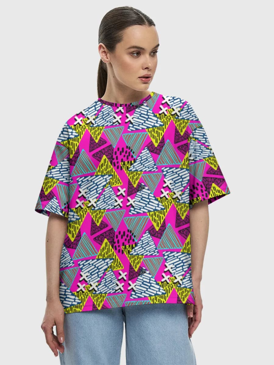 Neon Memphis Geometric Shapes — Women's oversized cotton T-shirt with all-over print, Geometric theme