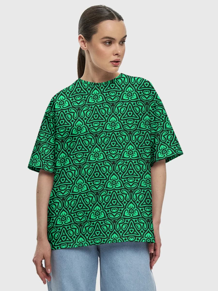 Teal Trippy Geometry — Women's oversized cotton T-shirt with all-over print, Abstract theme