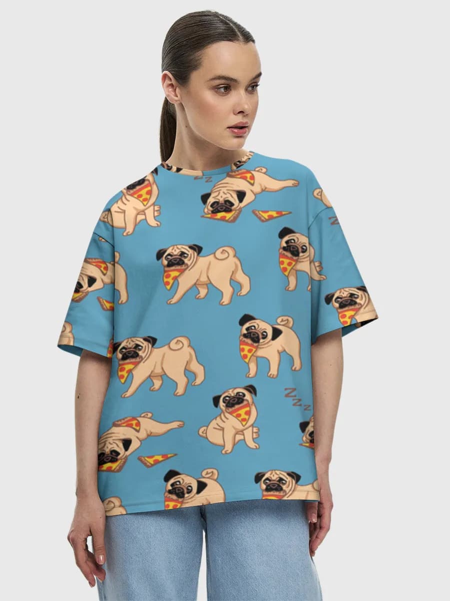 Pug Pizza Party — Women's oversized cotton T-shirt with all-over print, Dogs theme