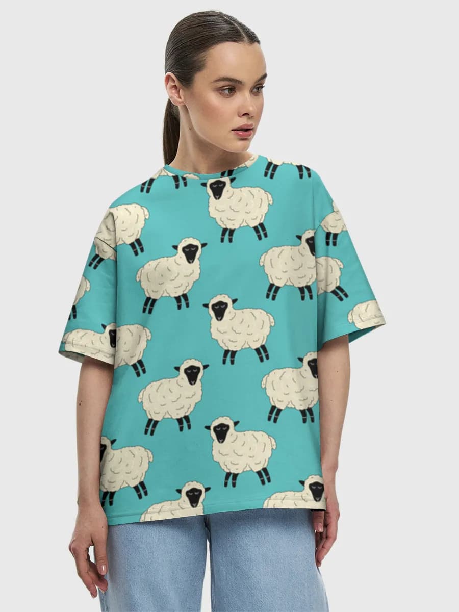 Cute Sheep Illustration — Women's oversized cotton T-shirt with all-over print, Sheep theme