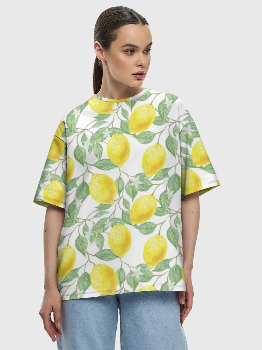 Watercolor Lemon Branches — Women's oversized cotton T-shirt with all-over print, Lemons theme
