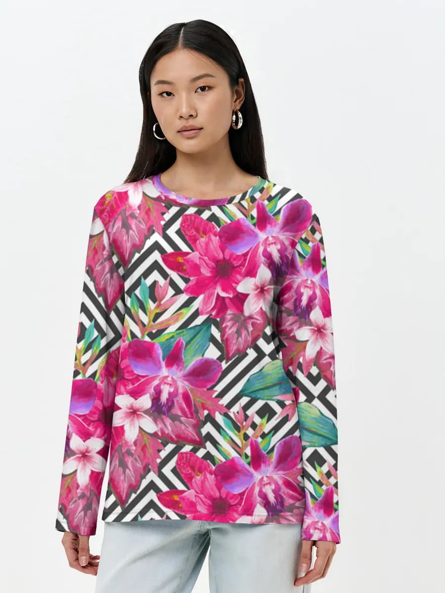 Tropical Pink Florals — Women's long sleeve shirt. Cotton with all-over print, Floral theme