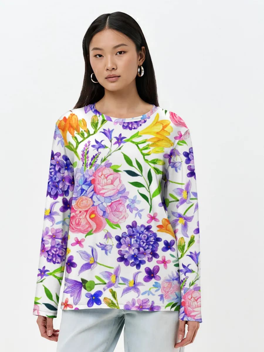 Watercolor Garden Flowers — Women's long sleeve shirt. Cotton with all-over print, Floral theme