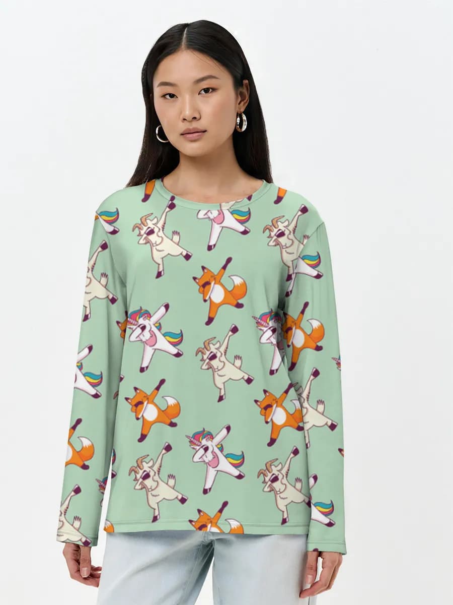 Dabbing Fantasy Animals — Women's long sleeve shirt. Cotton with all-over print, Unicorn theme