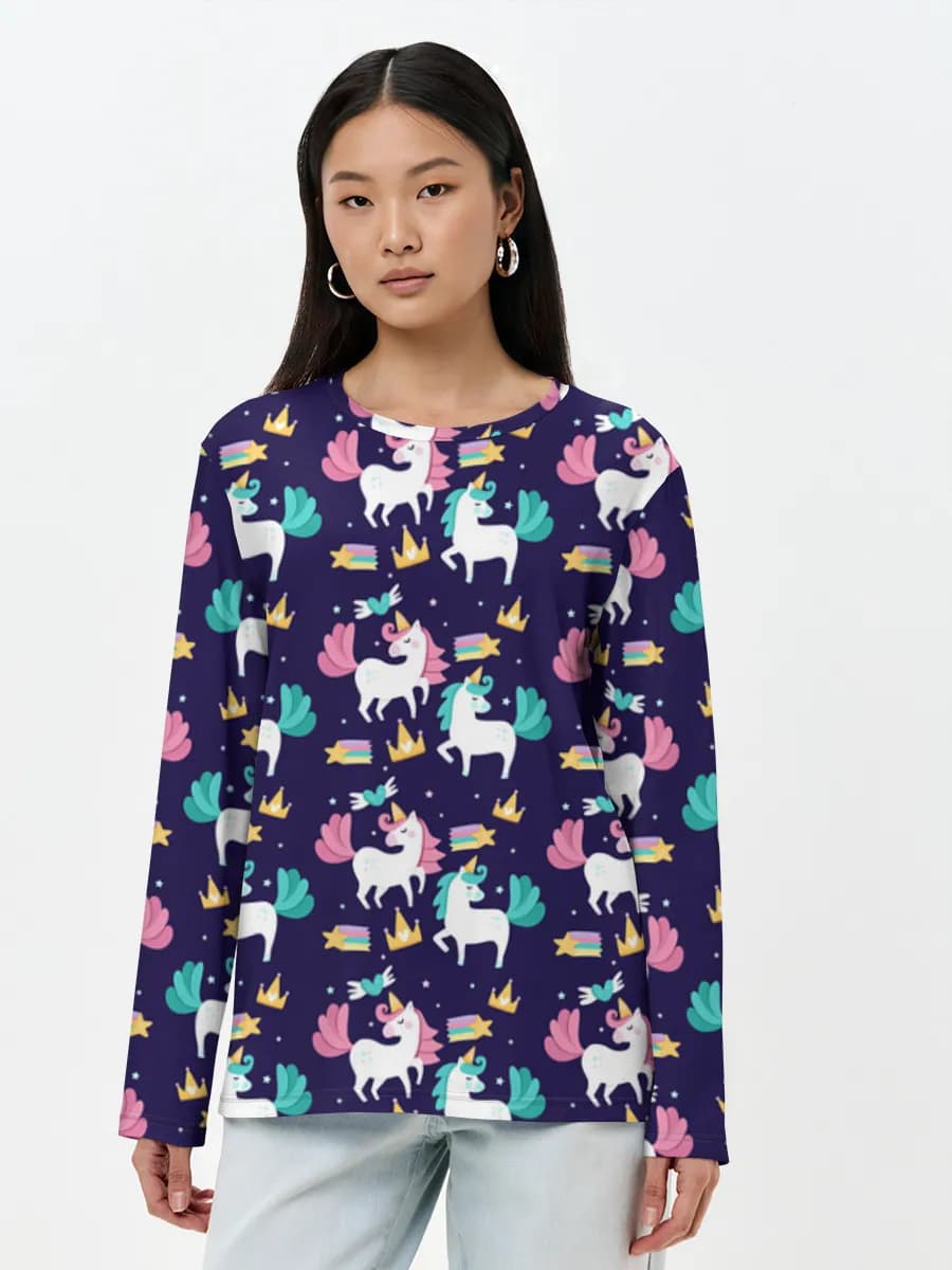 Cute Unicorn Night Sky — Women's long sleeve shirt. Cotton with all-over print, Unicorn theme