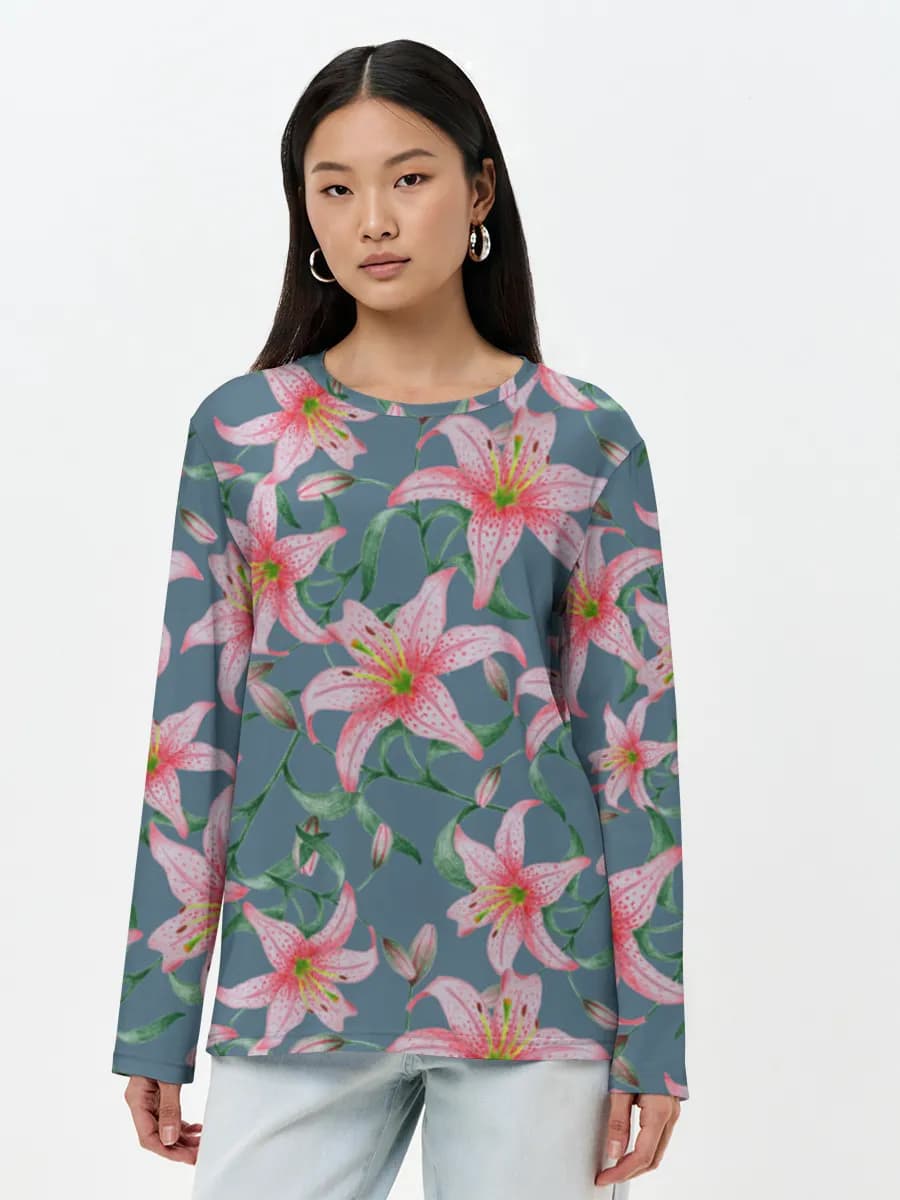 Pink Lily Botanicals — Women's long sleeve shirt. Cotton with all-over print, Floral theme