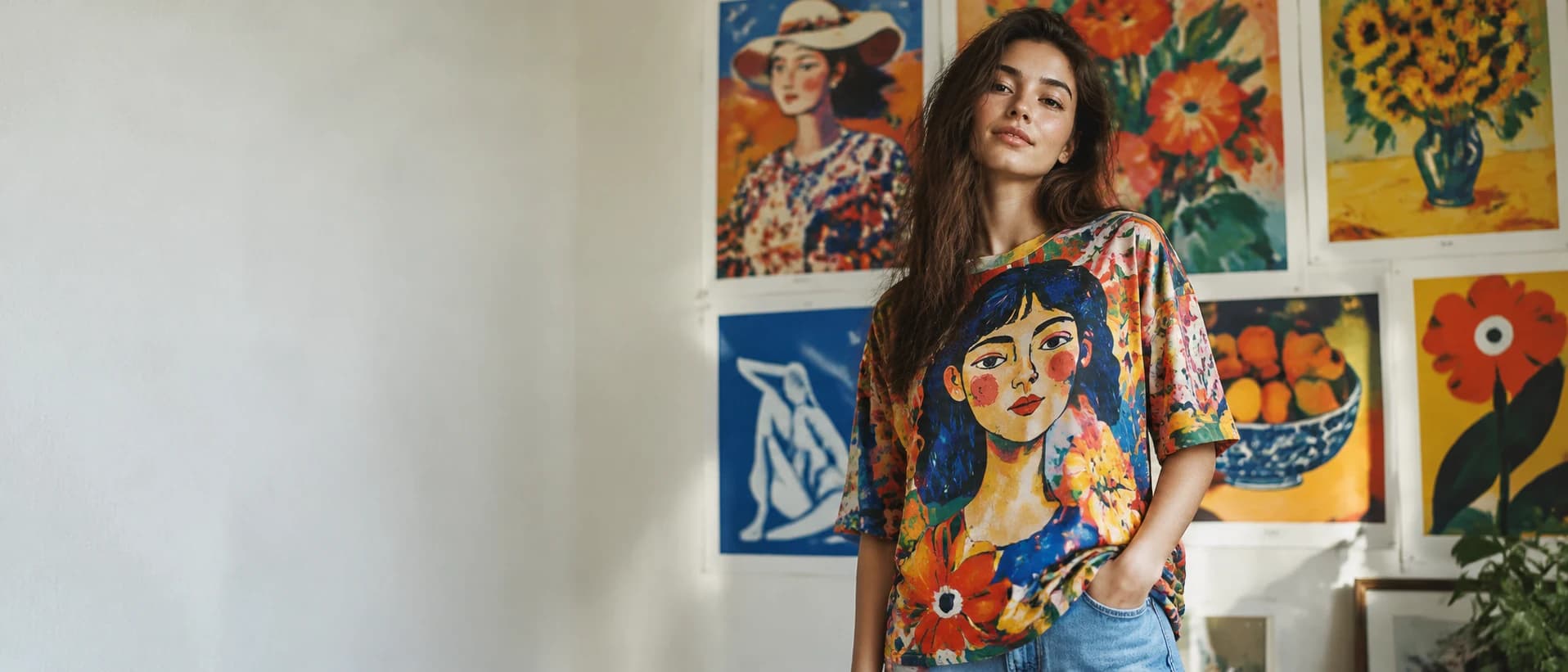 Woman in an oversized all-over print t-shirt with a painted portrait, standing in front of a wall of bright art posters.