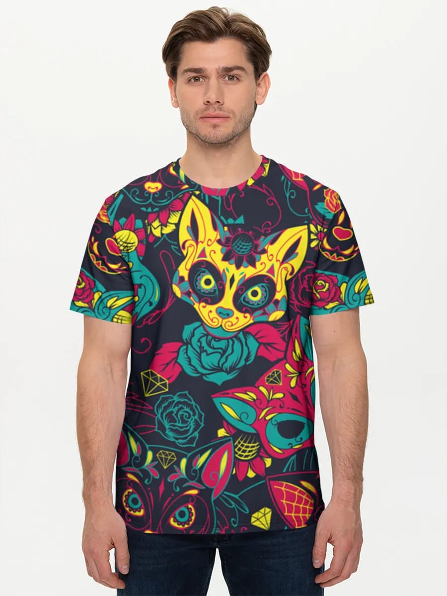 Gatos con calaveras de azúcar neón