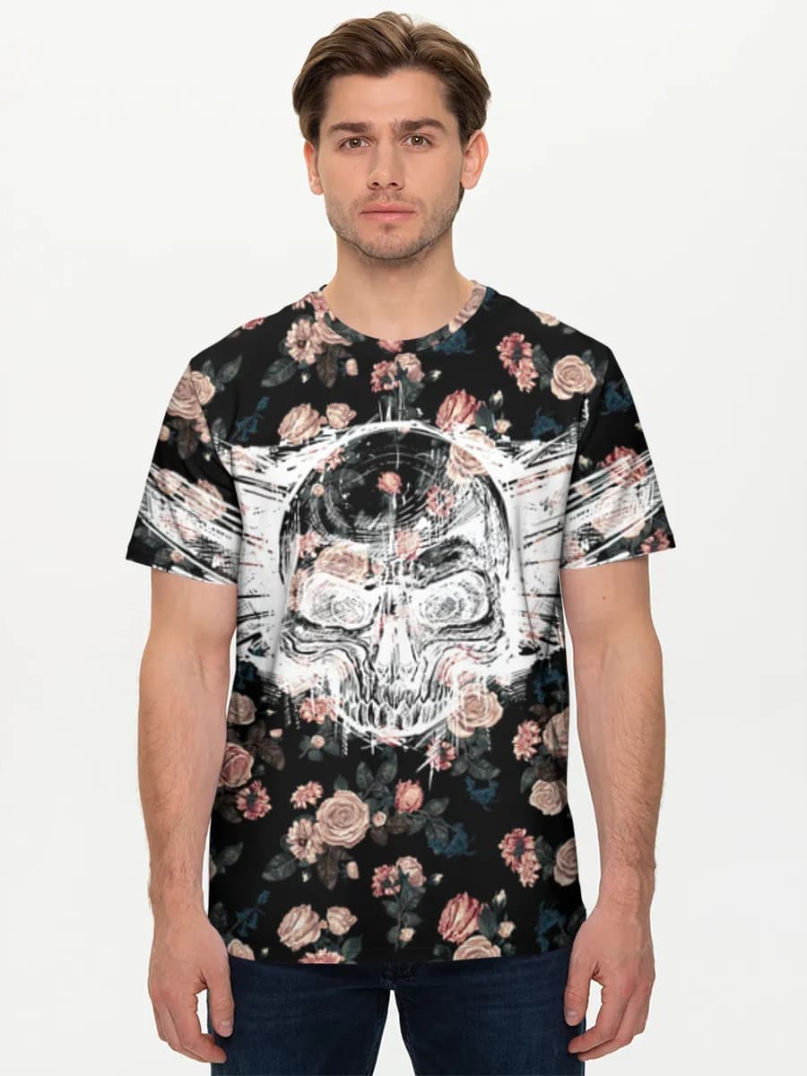 Winged Skull Roses — Men's basic cotton T-shirt with all-over print, Skulls theme