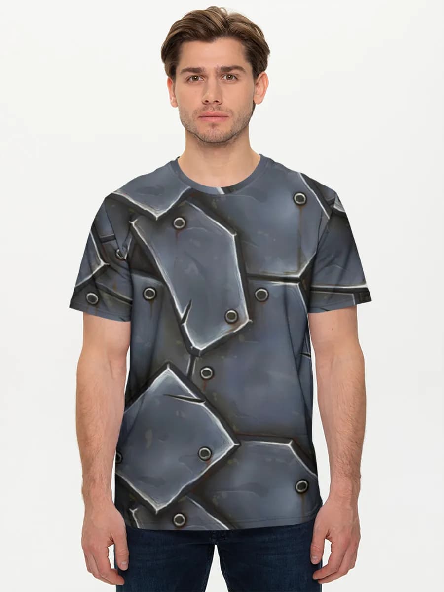 Riveted Steel Armor — Men's basic cotton T-shirt with all-over print, Metal theme