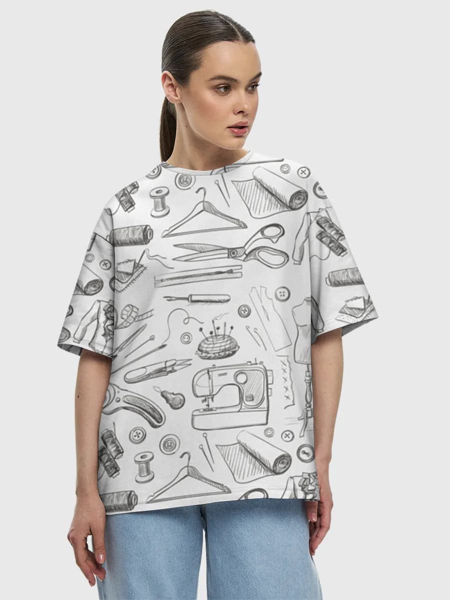 Vintage Sewing Tools Sketch — Women's oversized cotton T-shirt with all-over print, Sewing theme
