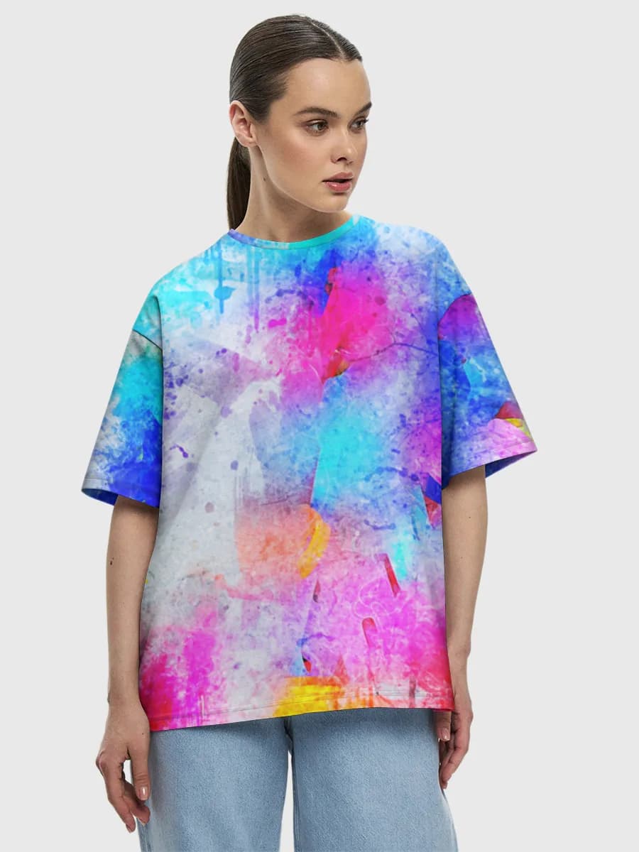 Vibrant Paint Splash Abstract — Women's oversized cotton T-shirt with all-over print, Abstract theme