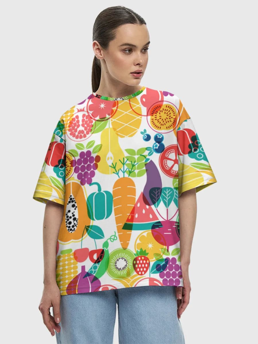 Colorful Fruit And Veggies — Women's oversized cotton T-shirt with all-over print, Produce theme