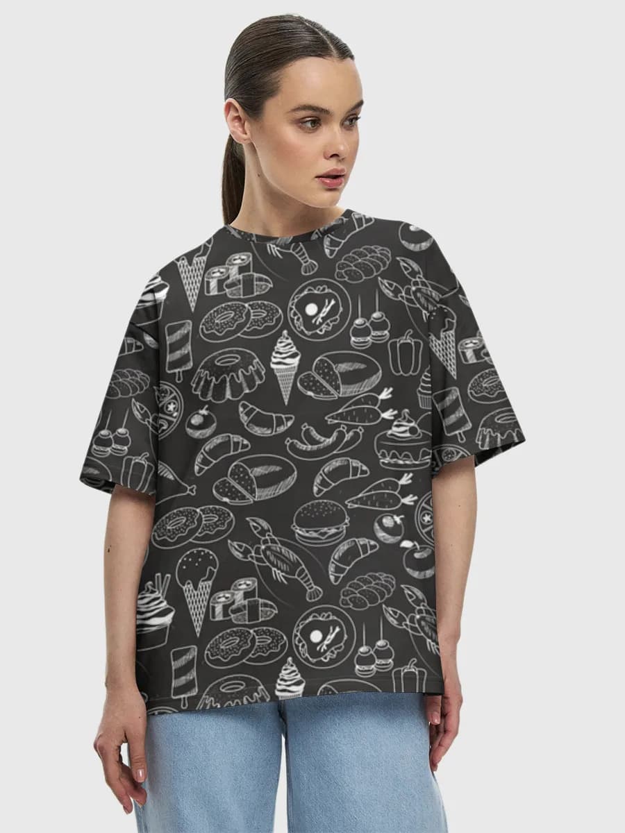 Chalkboard Food Doodles — Women's oversized cotton T-shirt with all-over print, Food theme