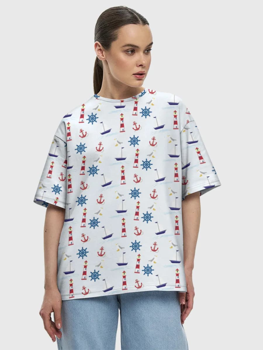 Nautical Lighthouse Icons — Women's oversized cotton T-shirt with all-over print, Nautical theme