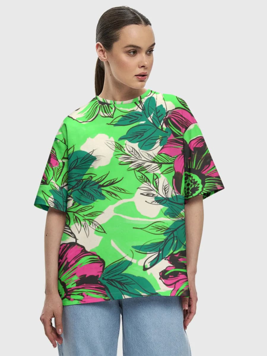 Neon Botanical Bloom — Women's oversized cotton T-shirt with all-over print, Floral theme
