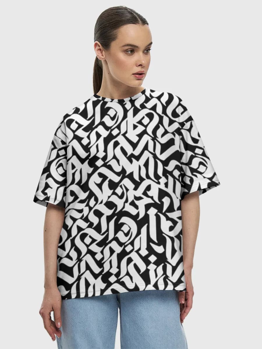 Gothic Blackletter Typography — Women's oversized cotton T-shirt with all-over print, Typography theme