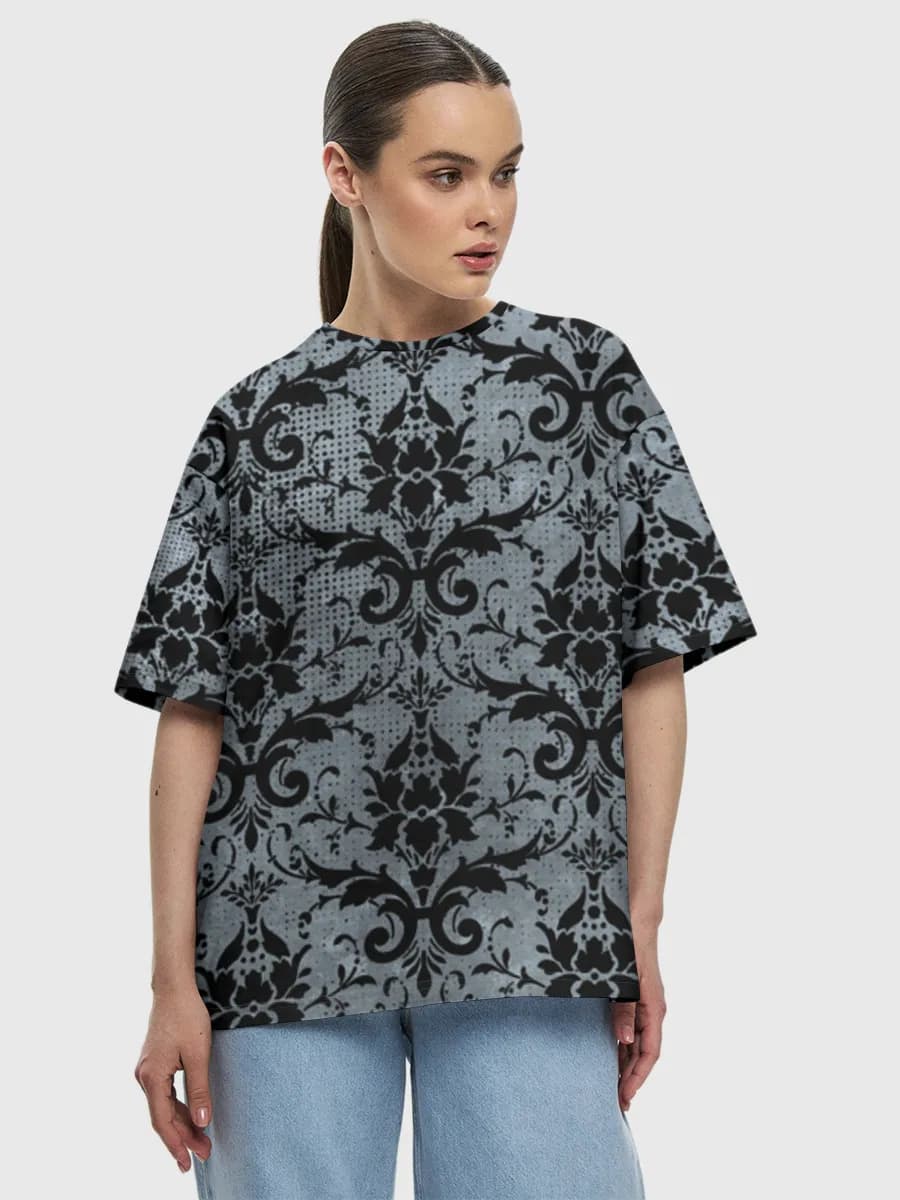 Grunge Damask Floral Ornament — Women's oversized cotton T-shirt with all-over print, Damask theme