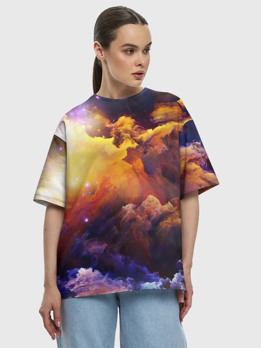 Radiant Nebula Dreamscape — Women's oversized cotton T-shirt with all-over print, Space theme
