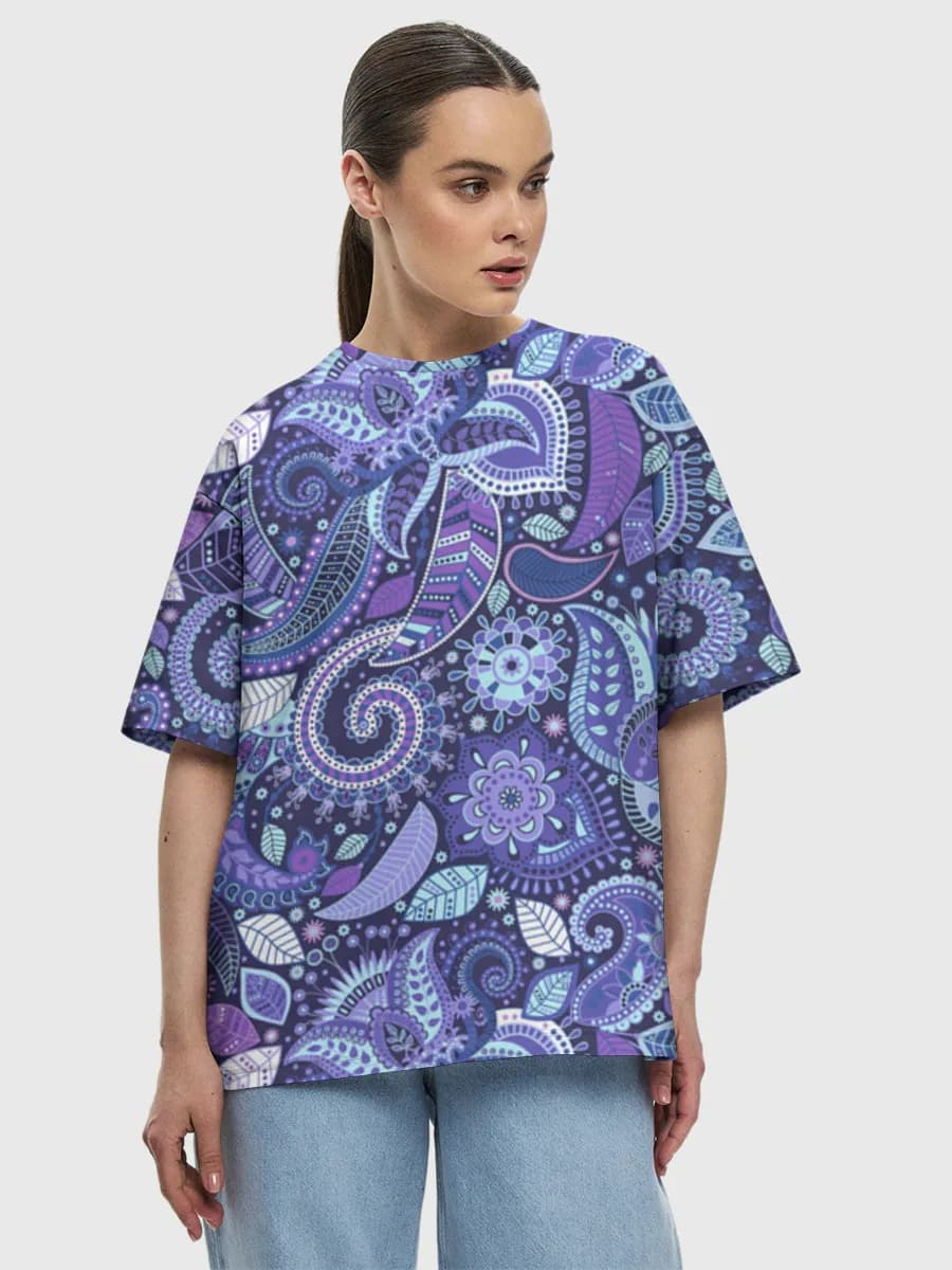 Purple Blue Paisley Floral — Women's oversized cotton T-shirt with all-over print, Paisley theme