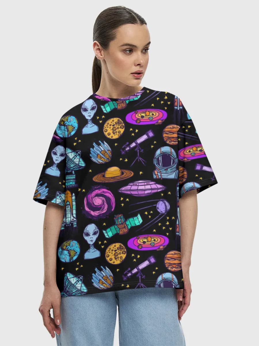 Retro Space Doodles — Women's oversized cotton T-shirt with all-over print, Space theme