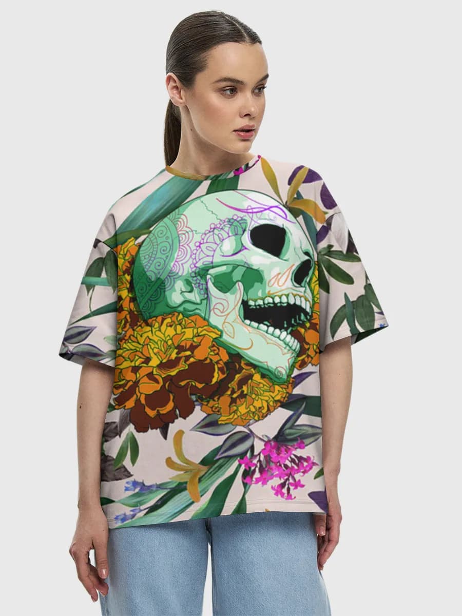 Tropical Sugar Skull — Women's oversized cotton T-shirt with all-over print, Skulls theme