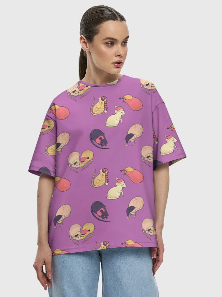 Cute Sleepy Rats — Women's oversized cotton T-shirt with all-over print, Rats theme