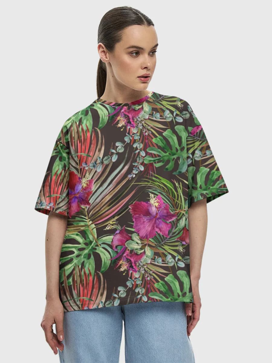 Tropical Hibiscus Jungle — Women's oversized cotton T-shirt with all-over print, Nature theme