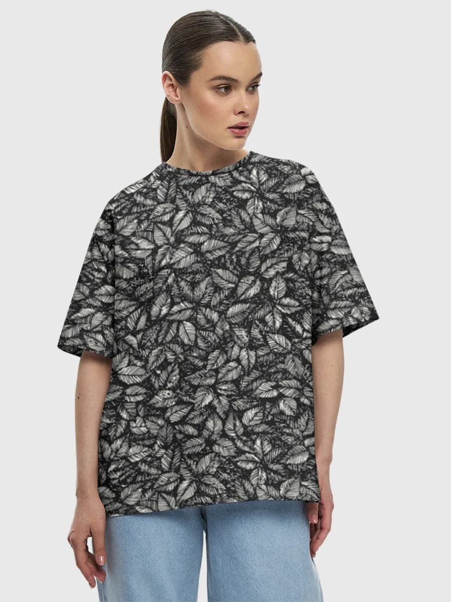Monochrome Leaf Illustration — Women's oversized cotton T-shirt with all-over print, Botanical Leaves theme