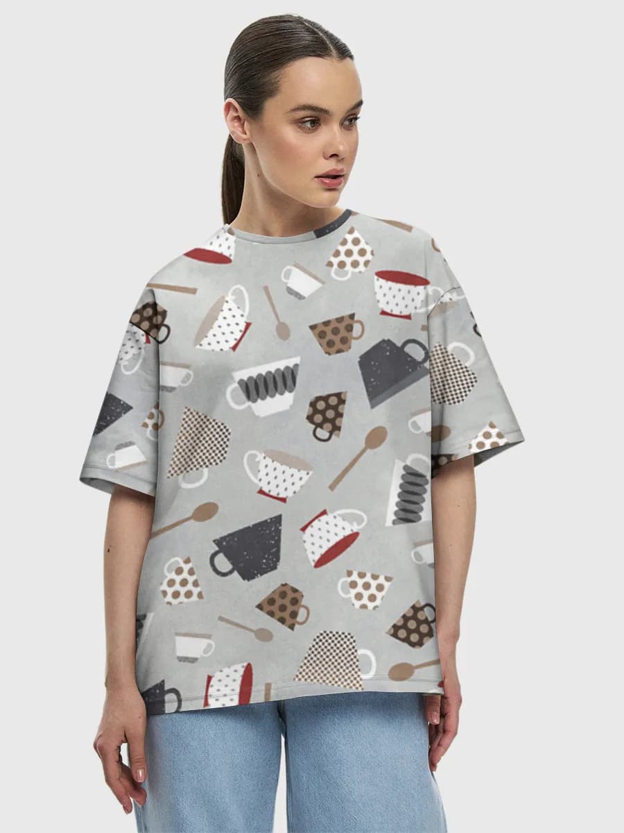 Coffee Cups And Spoons — Women's oversized cotton T-shirt with all-over print, Coffee theme