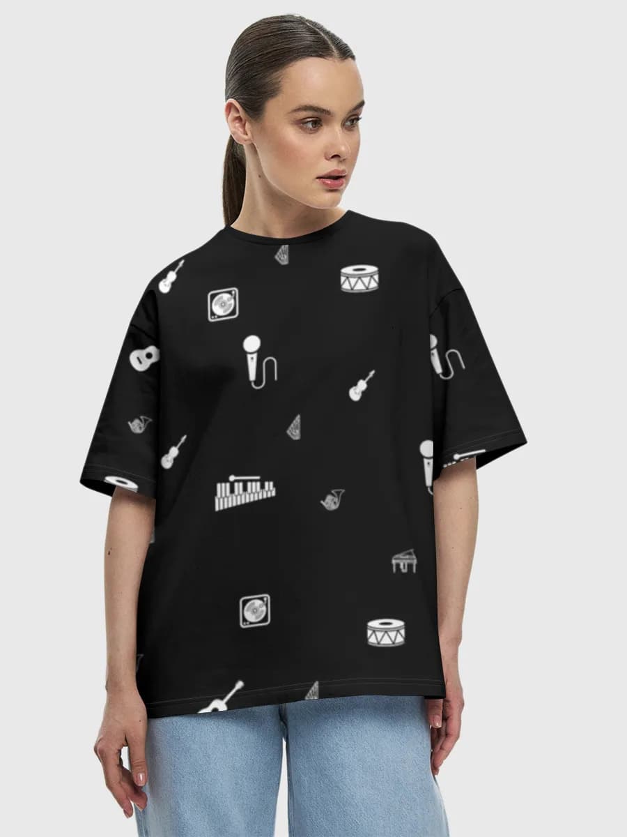 Minimal Music Icons — Women's oversized cotton T-shirt with all-over print, Music theme
