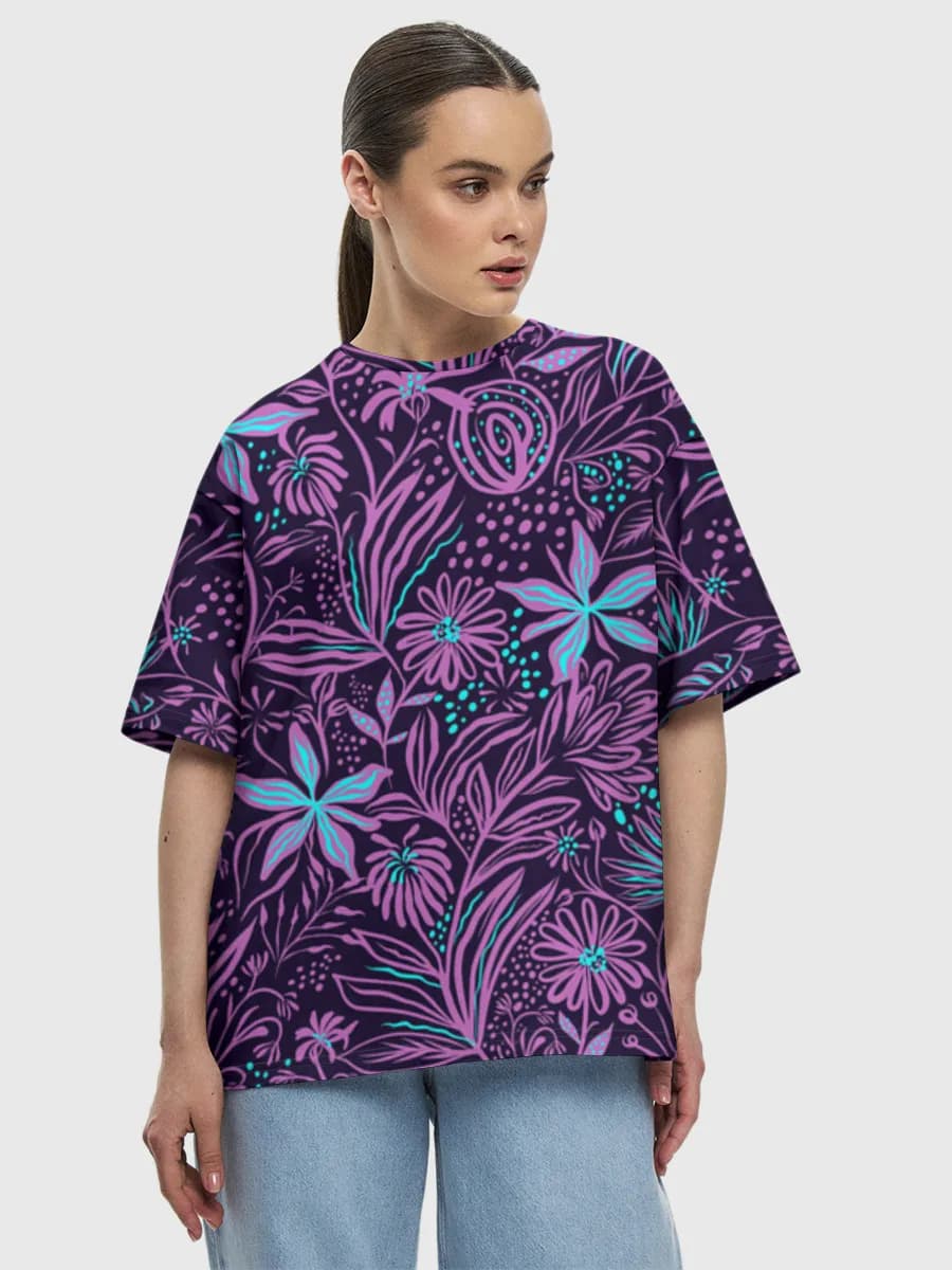 Neon Botanical Florals — Women's oversized cotton T-shirt with all-over print, Floral theme