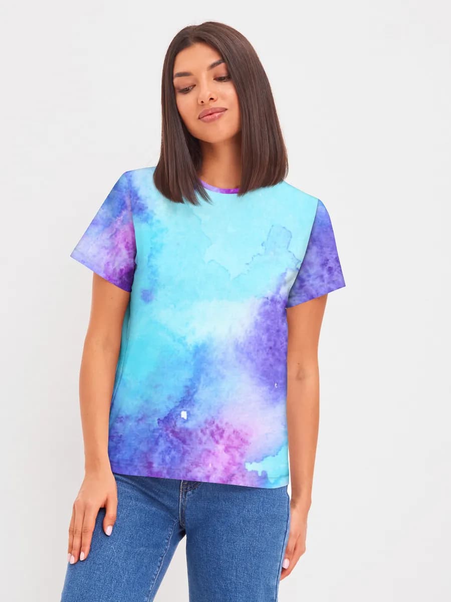 Blue Purple Watercolor Wash — Women's basic cotton T-shirt with all-over print, Watercolor theme
