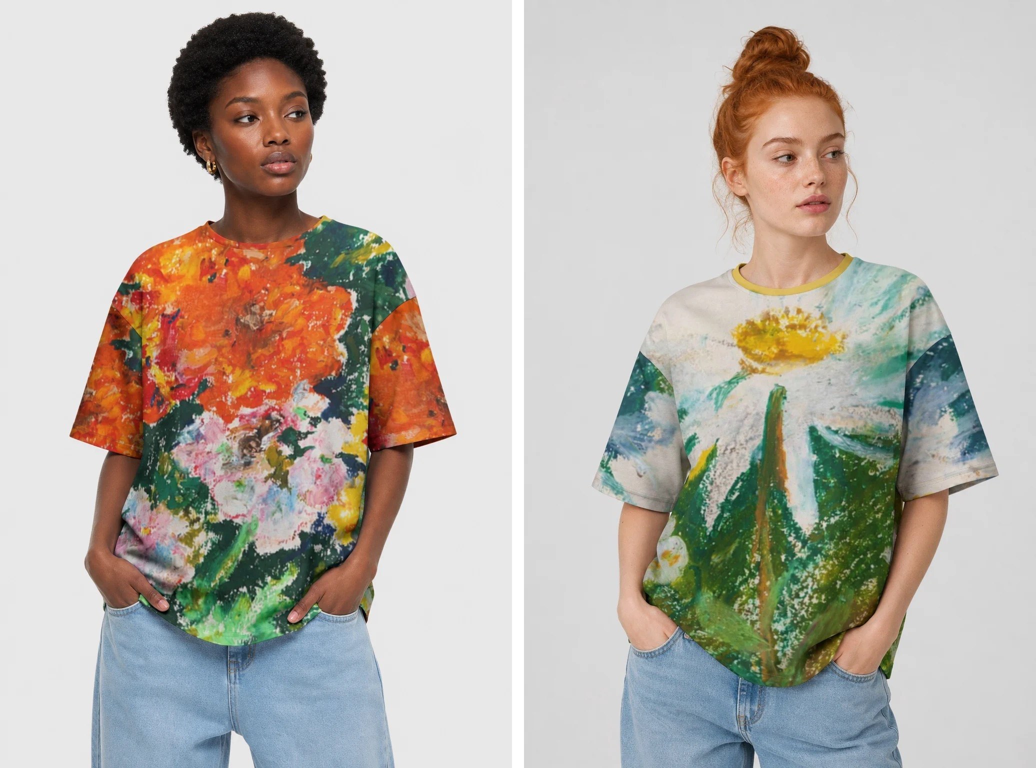 Two women wearing oversized tees printed with oil pastel paintings of flowers, the brushwork running across the whole garment
