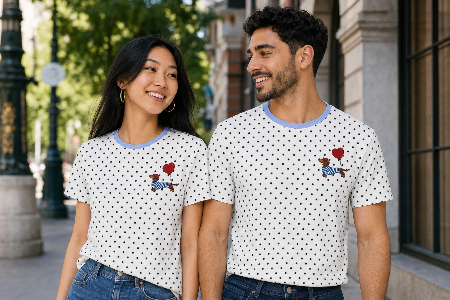 A couple in matching polka dot tees, the dot repeat running evenly across both garments including the sleeves