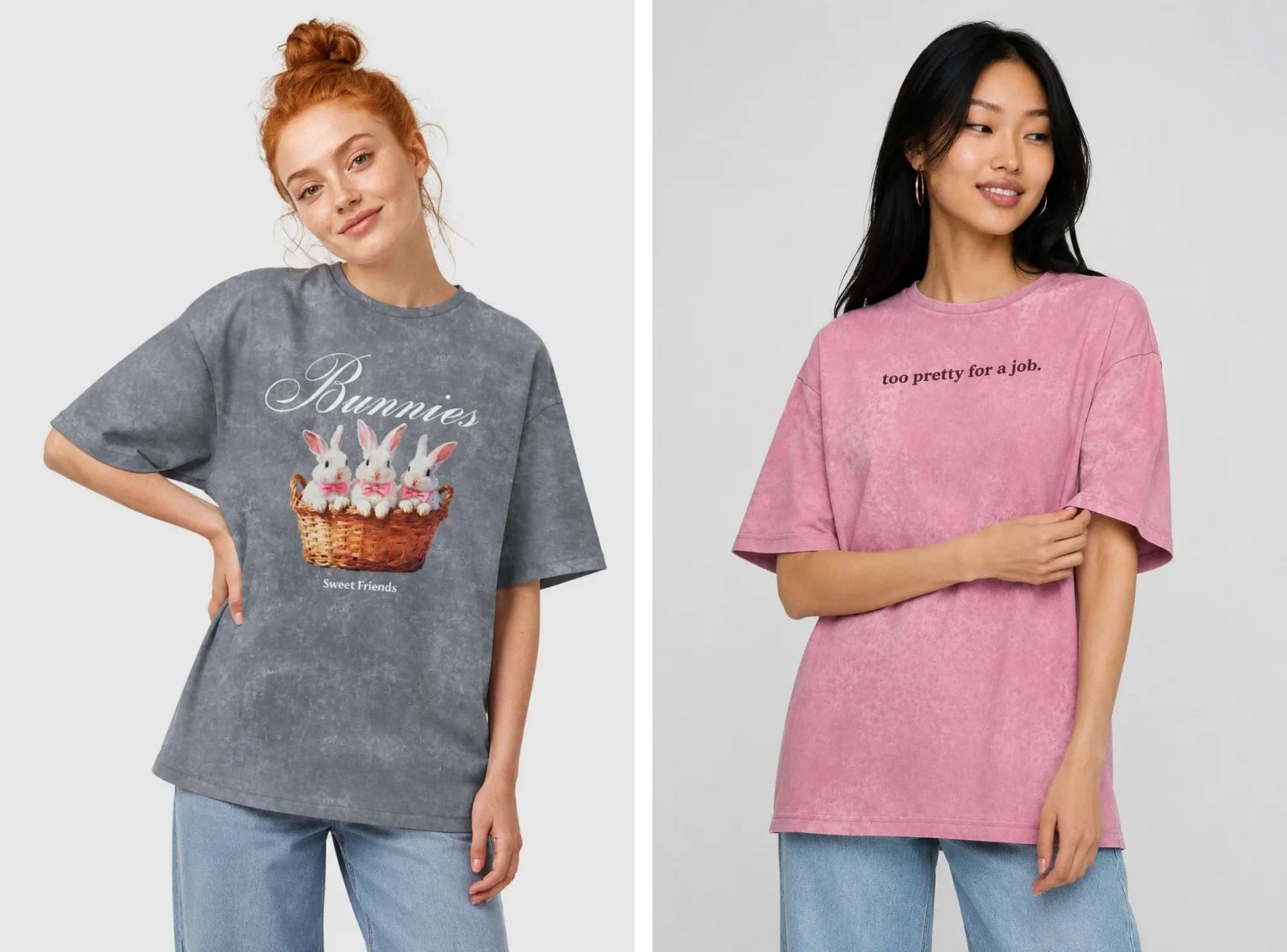 Two oversized tees with a printed vintage wash — a grey one and a pink one, both with the mottled faded look of years of wear