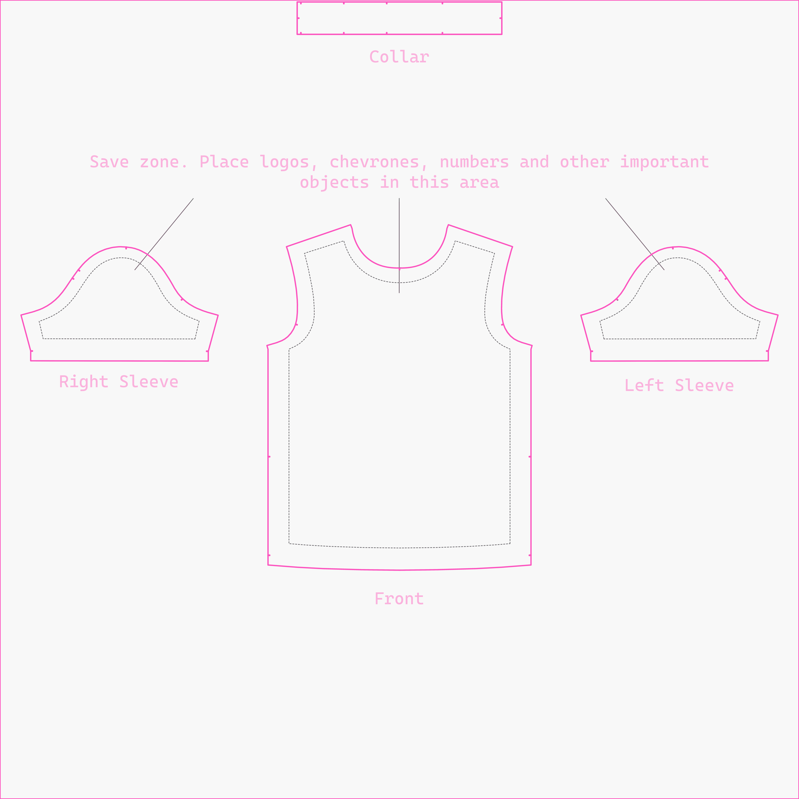 Spec B print-ready front canvas 8114 by 8114 px showing where the front panel, the two sleeves and the collar are cut from